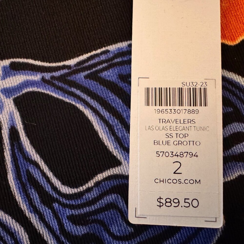 Chico's Travelers Las Olas Elegant Tunic SS Top Blue Grotto, Sz 2 (12), NWT - Picture 11 of 11